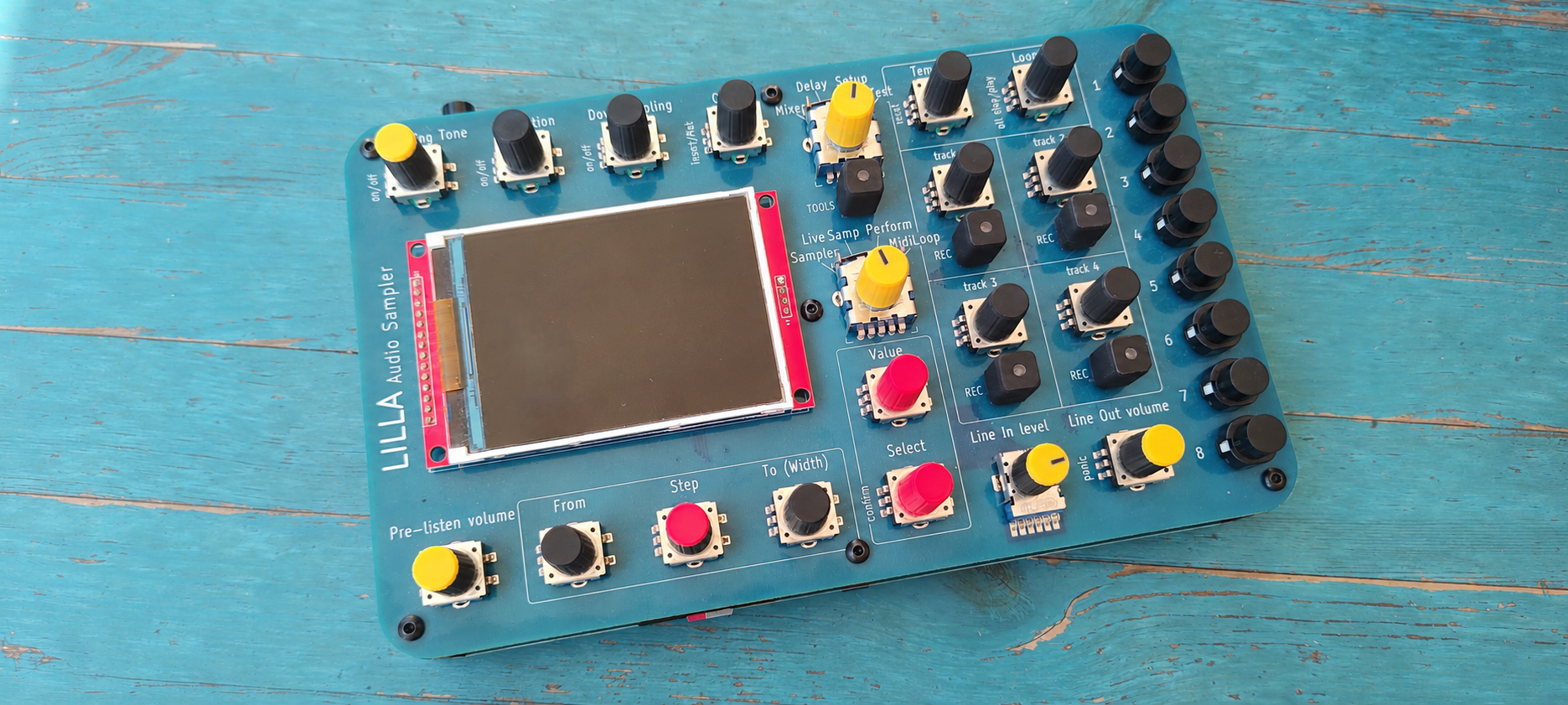 LILLA Audio Sampler, 2026 edition, photographed on a blue wooden surface